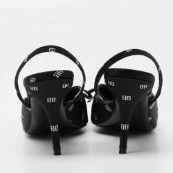 Pre Owned Balenciaga Black BB Logo Satin Knife Slingback Pumps Size 38