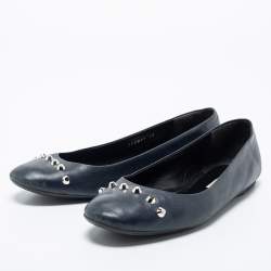 Pre Owned Balenciaga Navy Blue Leather Studded Ballet Flats Size 40
