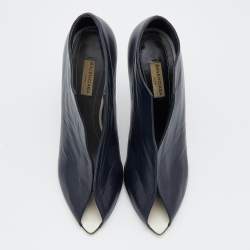 Pre Owned Balenciaga Navy Blue Leather Split Vamp Open Toe Booties Size 39