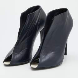 Pre Owned Balenciaga Navy Blue Leather Split Vamp Open Toe Booties Size 39