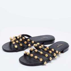 Pre Owned Balenciaga Black Leather Studded Accents Flat Slides Size 37