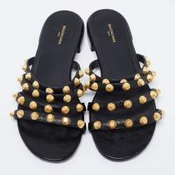 Pre Owned Balenciaga Black Leather Studded Accents Flat Slides Size 37