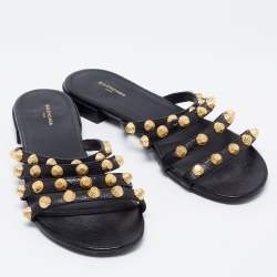 Pre Owned Balenciaga Black Leather Studded Accents Flat Slides Size 37