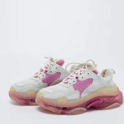 Pre Owned Balenciaga White/Pink Leather and Mesh Triple S Clear Sneakers Size 38