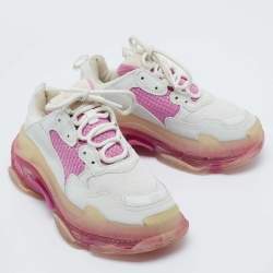 Pre Owned Balenciaga White/Pink Leather and Mesh Triple S Clear Sneakers Size 38