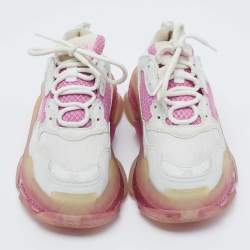 Pre Owned Balenciaga White/Pink Leather and Mesh Triple S Clear Sneakers Size 38