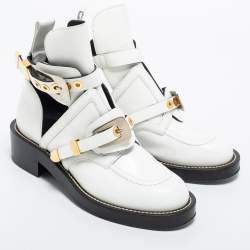Pre Owned Balenciaga White Leather Ceinture Ankle Boots Size 39.5
