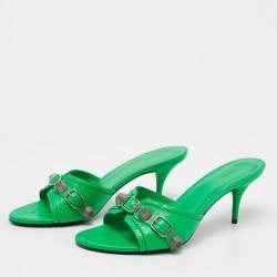 Balenciaga Neon Green Leather Cagole Slide Sandals Size 39