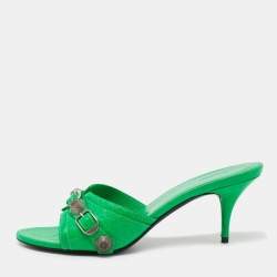 Balenciaga Neon Green Leather Cagole Slide Sandals Size 39