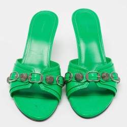 Balenciaga Neon Green Leather Cagole Slide Sandals Size 39