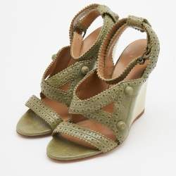 Balenciaga Green Brogue Leather Strappy Wedge Sandals Size 36