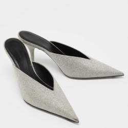 Pre Owned Balenciaga Silver Glitter Knife Pointed Toe Mules Size 37.5