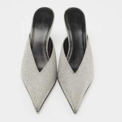 Pre Owned Balenciaga Silver Glitter Knife Pointed Toe Mules Size 37.5