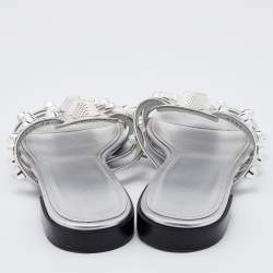 Pre Owned Balenciaga Metallic Silver Leather Arena Giant Slide Flat Sandals Size 38