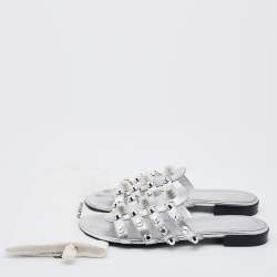 Pre Owned Balenciaga Metallic Silver Leather Arena Giant Slide Flat Sandals Size 38