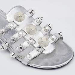 Pre Owned Balenciaga Metallic Silver Leather Arena Giant Slide Flat Sandals Size 38