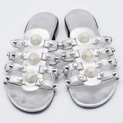 Pre Owned Balenciaga Metallic Silver Leather Arena Giant Slide Flat Sandals Size 38