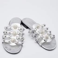 Pre Owned Balenciaga Metallic Silver Leather Arena Giant Slide Flat Sandals Size 38