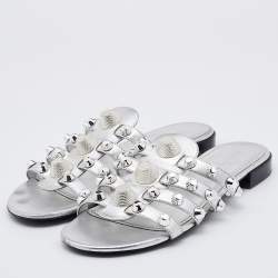 Pre Owned Balenciaga Metallic Silver Leather Arena Giant Slide Flat Sandals Size 38