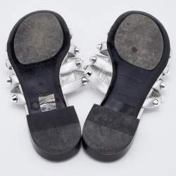 Pre Owned Balenciaga Metallic Silver Leather Arena Giant Slide Flat Sandals Size 38