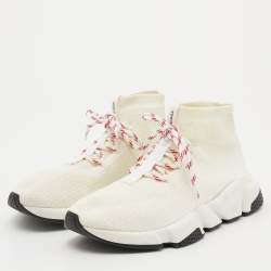 Pre Owned Balenciaga Off White Knit Fabric Speed Lace Up High Top Sneakers Size 40