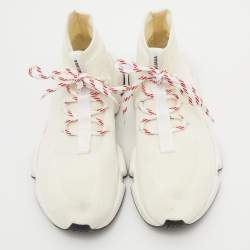 Pre Owned Balenciaga Off White Knit Fabric Speed Lace Up High Top Sneakers Size 40