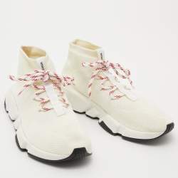 Pre Owned Balenciaga Off White Knit Fabric Speed Lace Up High Top Sneakers Size 40