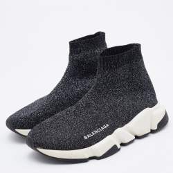 Pre Owned Balenciaga Black Shimmer Knit Fabric Speed Trainer Slip On Sneakers Size 38
