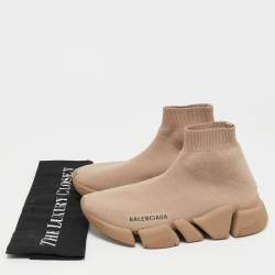 Pre Owned Balenciaga Light Brown Knit Fabric Speed Trainer Sneakers Size 36