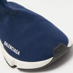 Pre Owned Balenciaga Navy Blue Knit Fabric Speed Trainer Sneakers Size 36