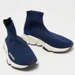 Pre Owned Balenciaga Navy Blue Knit Fabric Speed Trainer Sneakers Size 36