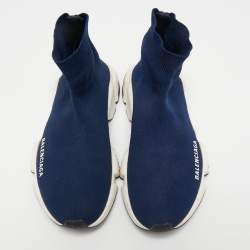 Pre Owned Balenciaga Navy Blue Knit Fabric Speed Trainer Sneakers Size 36