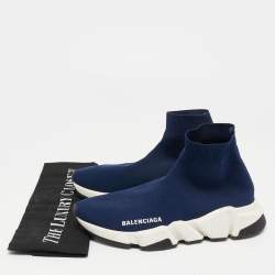 Pre Owned Balenciaga Navy Blue Knit Fabric Speed Trainer Sneakers Size 36