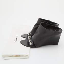 Pre Owned Balenciaga Black Leather Studded Arena Wedge Mules Size 38
