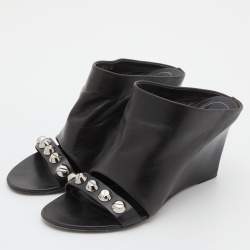 Pre Owned Balenciaga Black Leather Studded Arena Wedge Mules Size 38