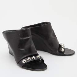 Pre Owned Balenciaga Black Leather Studded Arena Wedge Mules Size 38