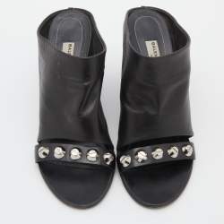 Pre Owned Balenciaga Black Leather Studded Arena Wedge Mules Size 38