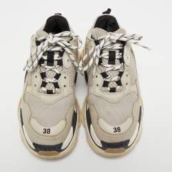 Pre Owned Balenciaga Light Grey Mesh and Leather Triple S Sneakers Size 38