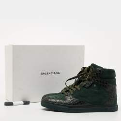 مملوكة مسبقًا Balenciaga Green Croc Embossed Leather and Suede High Top Sneakers Size 39