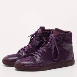 Pre Owned Balenciaga Purple Crocodile Leather and Suede High Top Sneakers Size 39