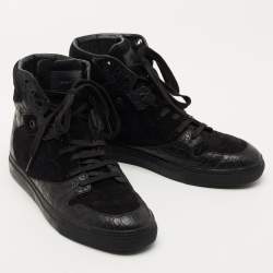 Balenciaga Black Croc Embossed Leather and Suede High Top Sneakers Size 39