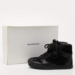 Balenciaga Black Croc Embossed Leather and Suede High Top Sneakers Size 39