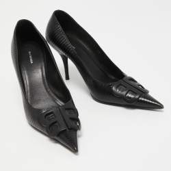 Pre Owned Balenciaga Black Lizard Embossed Leather BB Pumps Size 38