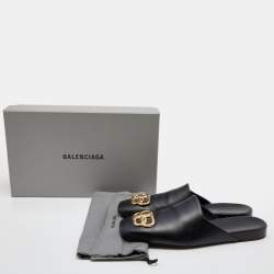 Pre Owned Balenciaga Black Leather Cosy BB Flat Mules Size 39