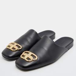 Pre Owned Balenciaga Black Leather Cosy BB Flat Mules Size 39