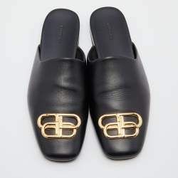 Pre Owned Balenciaga Black Leather Cosy BB Flat Mules Size 39