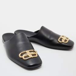 Pre Owned Balenciaga Black Leather Cosy BB Flat Mules Size 39