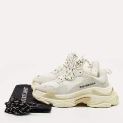 Pre Owned Balenciaga White/Grey Leather and Mesh Triple S Sneakers Size 36