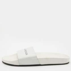 Pre Owned Balenciaga White Leather Logo Flat Slide Sandals Size 39