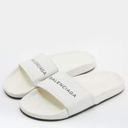 Pre Owned Balenciaga White Leather Logo Flat Slide Sandals Size 39
